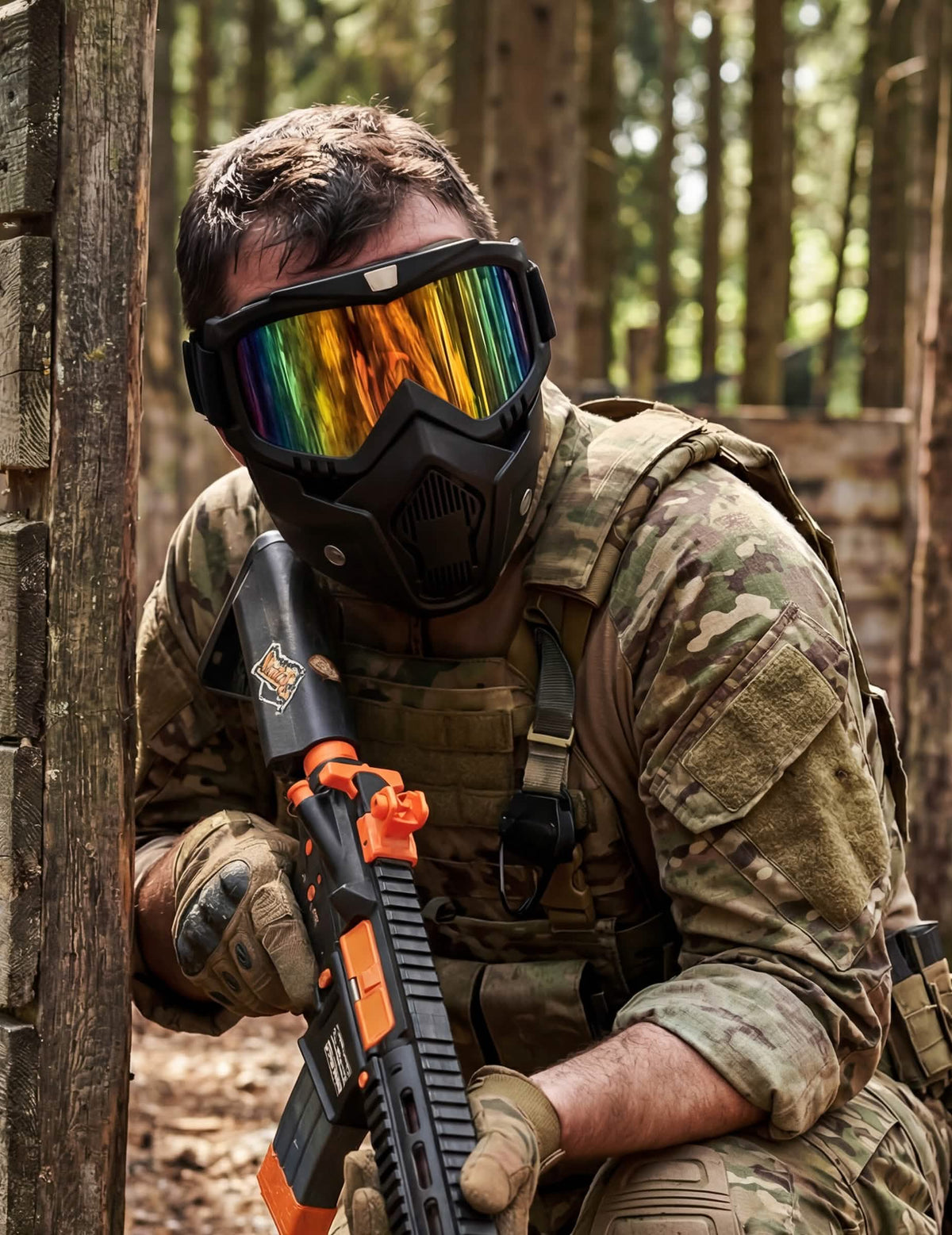 Purtat în acțiune al măștii de protecție militară pentru adult