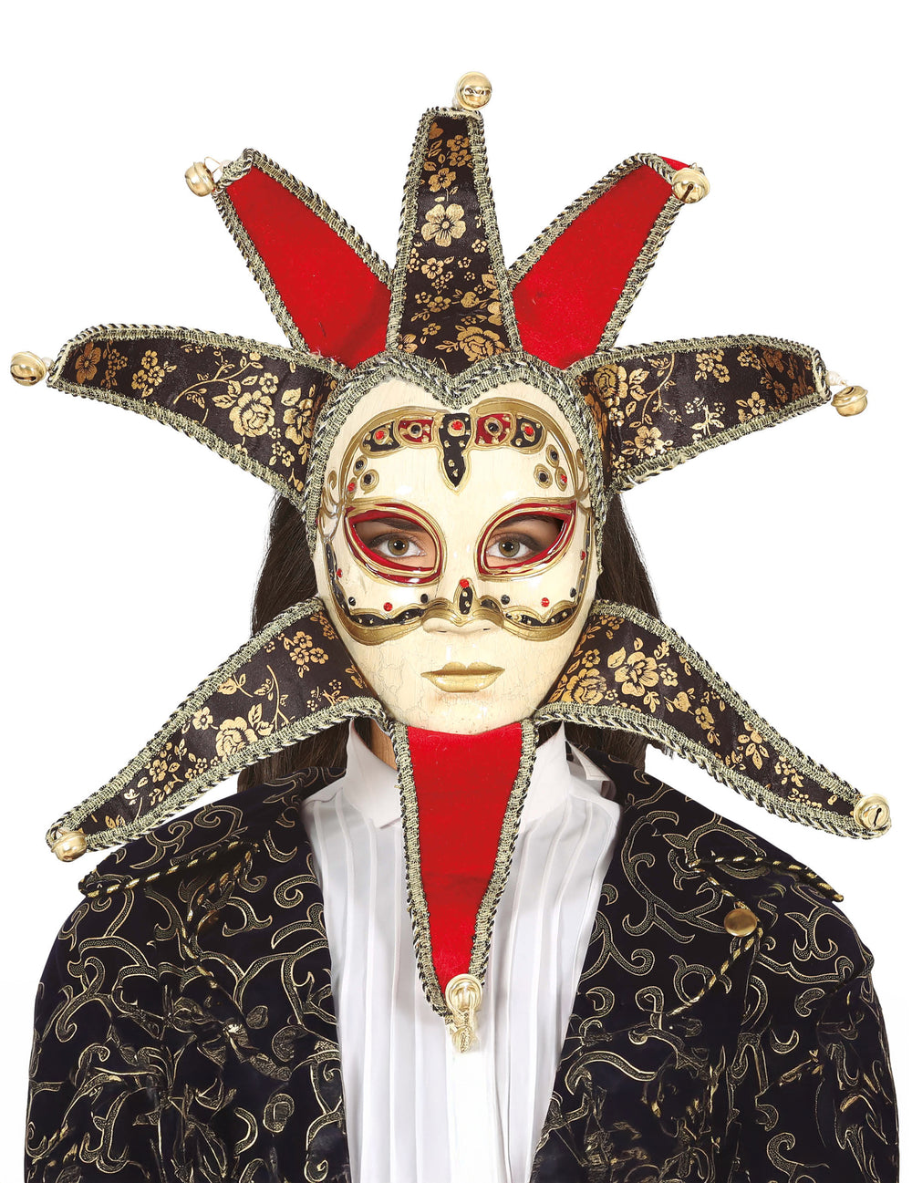 Masque vénitien pour femme rouge et noir avec dorures et grelots