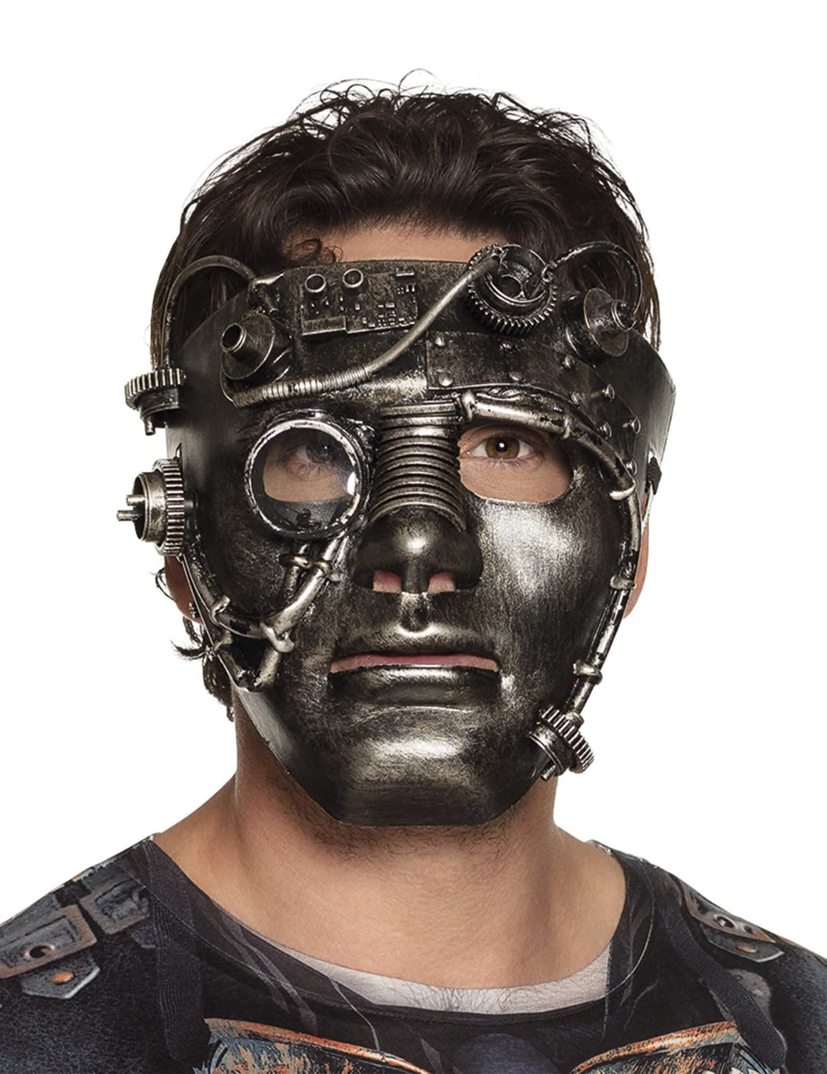 Mască facială Steampunk pentru adulți, cromată, cu detalii mecanice