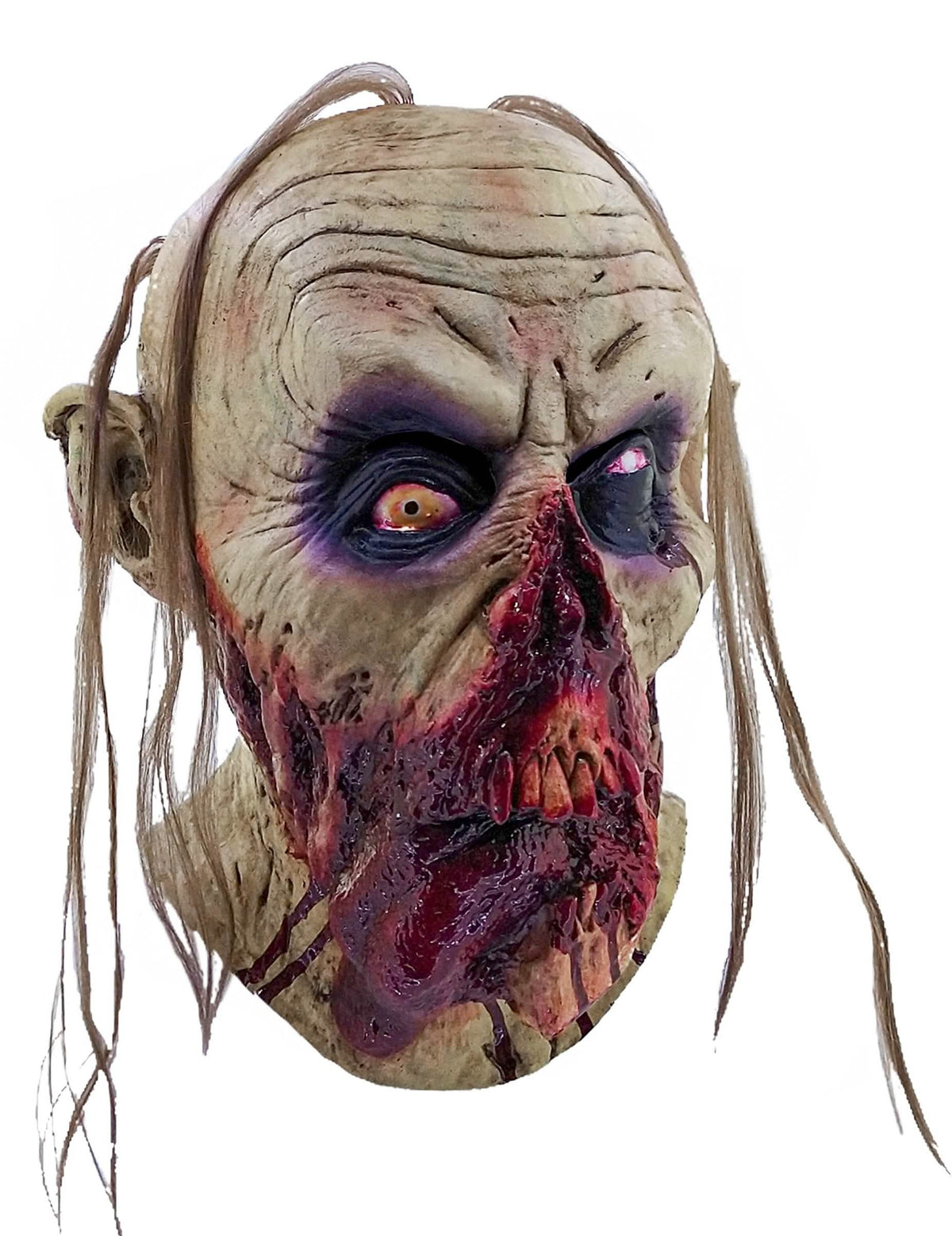 Mască de zombi sângeroasă pentru adult bej și roșu cu păr lung