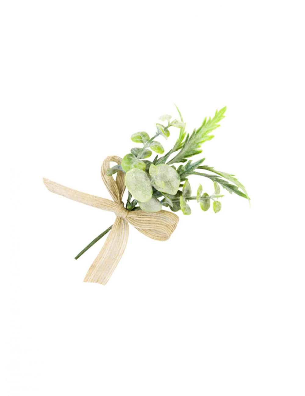 Buchet miniatural de frunziș artificial pentru decorațiuni, verde, cu panglică din pânză ivoire