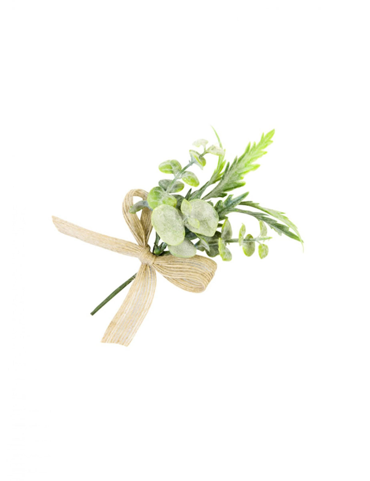 Buchet miniatural de frunziș artificial pentru decorațiuni, verde, cu panglică din pânză ivoire