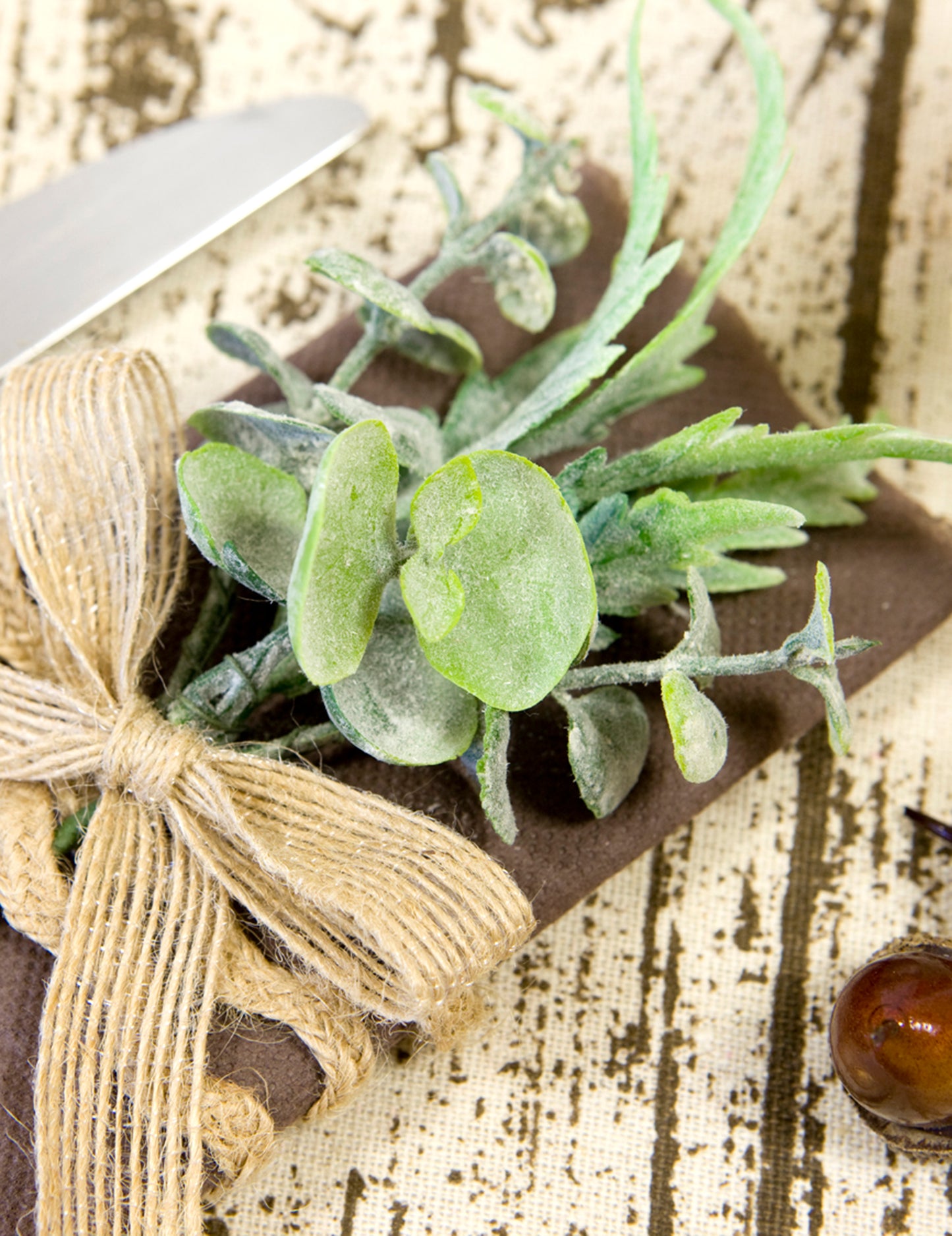 Buchet cu frunze mini cu panglică de pânză 15 x 8 cm