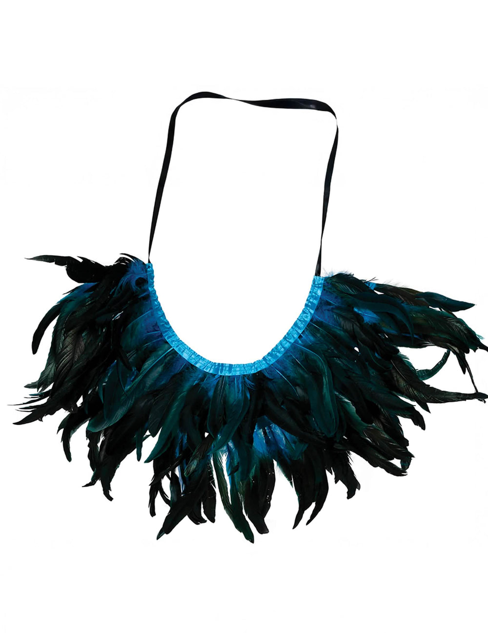Vue de dos de la mini cape en plumes pour adulte noire et bleue