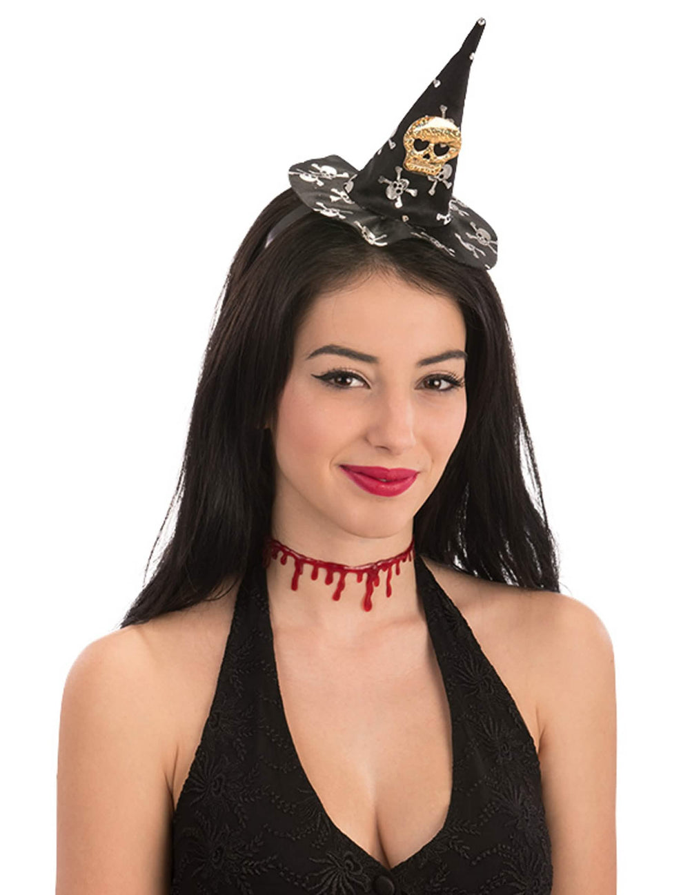 Mini pălărie de vrăjitoare cap de mort halloween pentru femeie negru cu cranii albe și aurii
