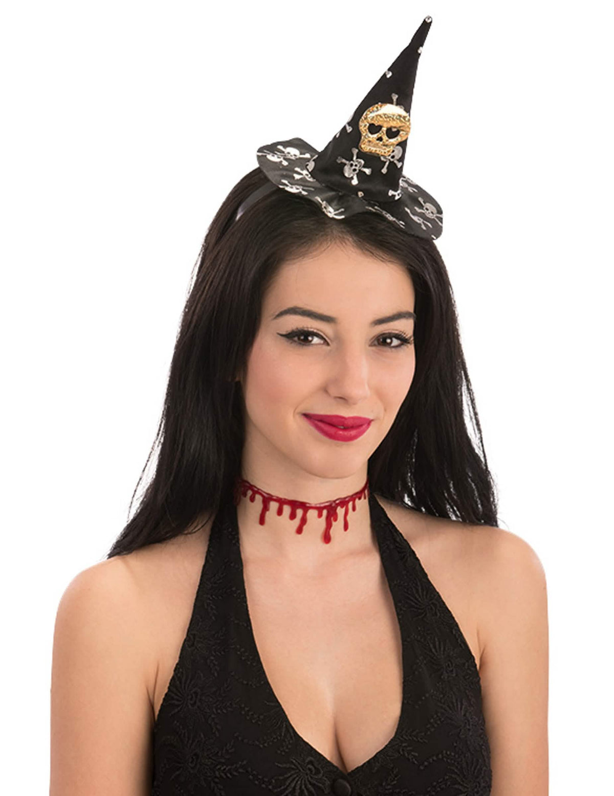 Mini pălărie de vrăjitoare cap de mort halloween pentru femeie negru cu cranii albe și aurii
