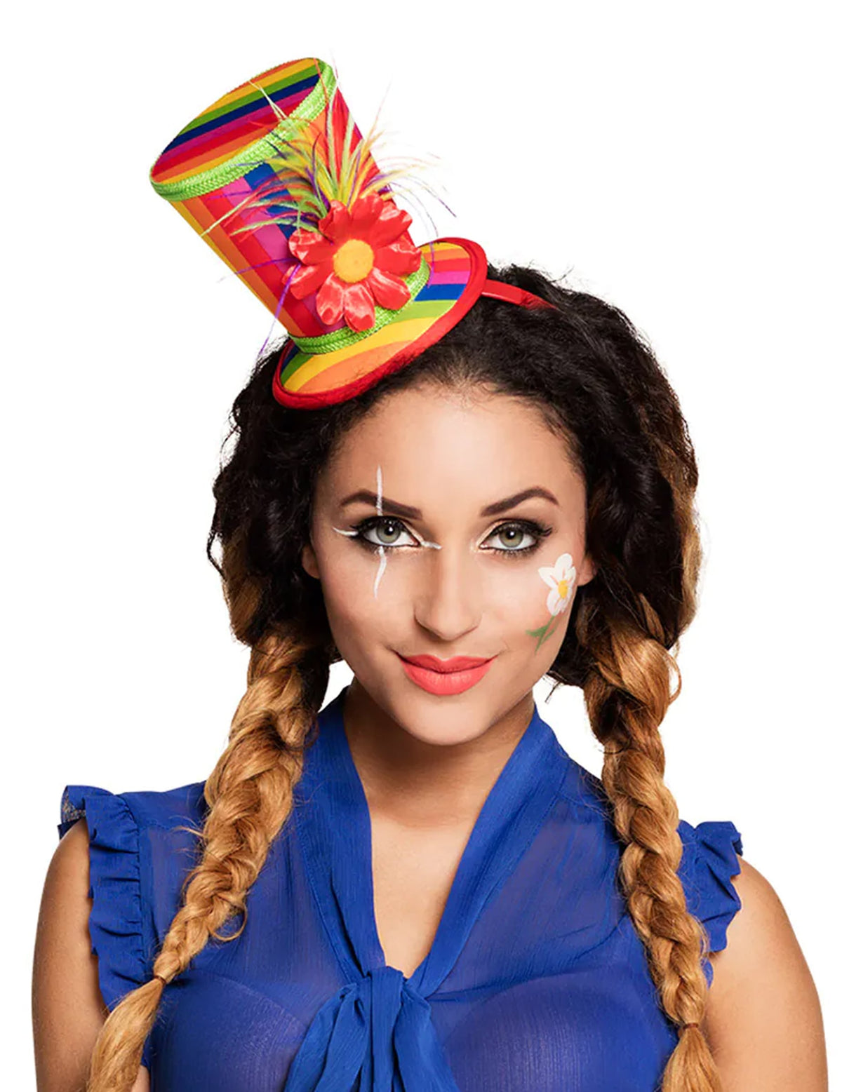 Mini chapeau haut de forme de clown pour adulte multicolore à rayures avec fleur rouge
