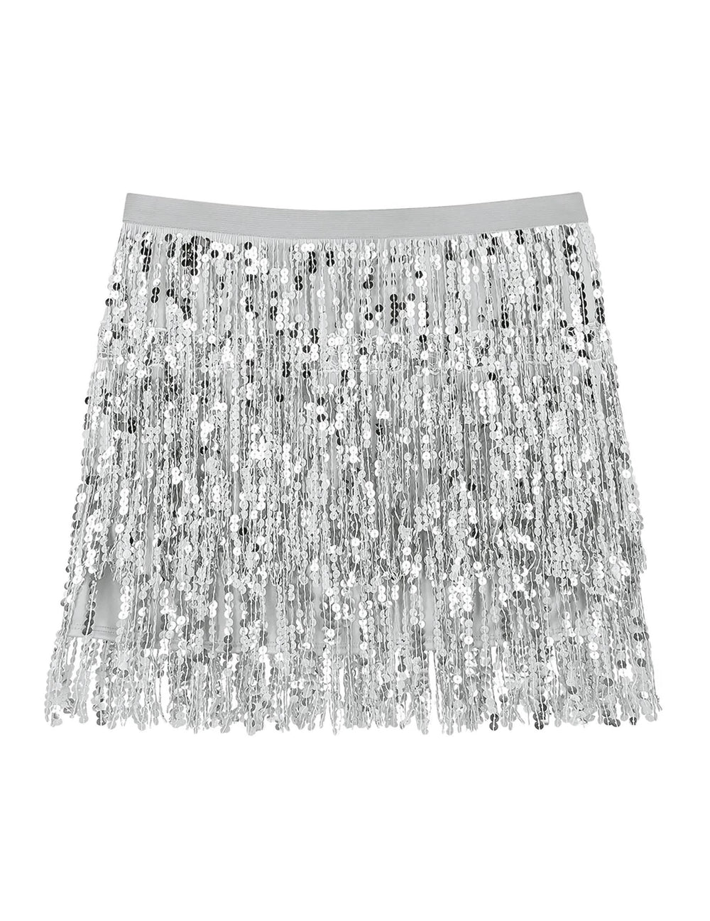 Vue de face de la minijupe à paillettes argentée pour femme à franges