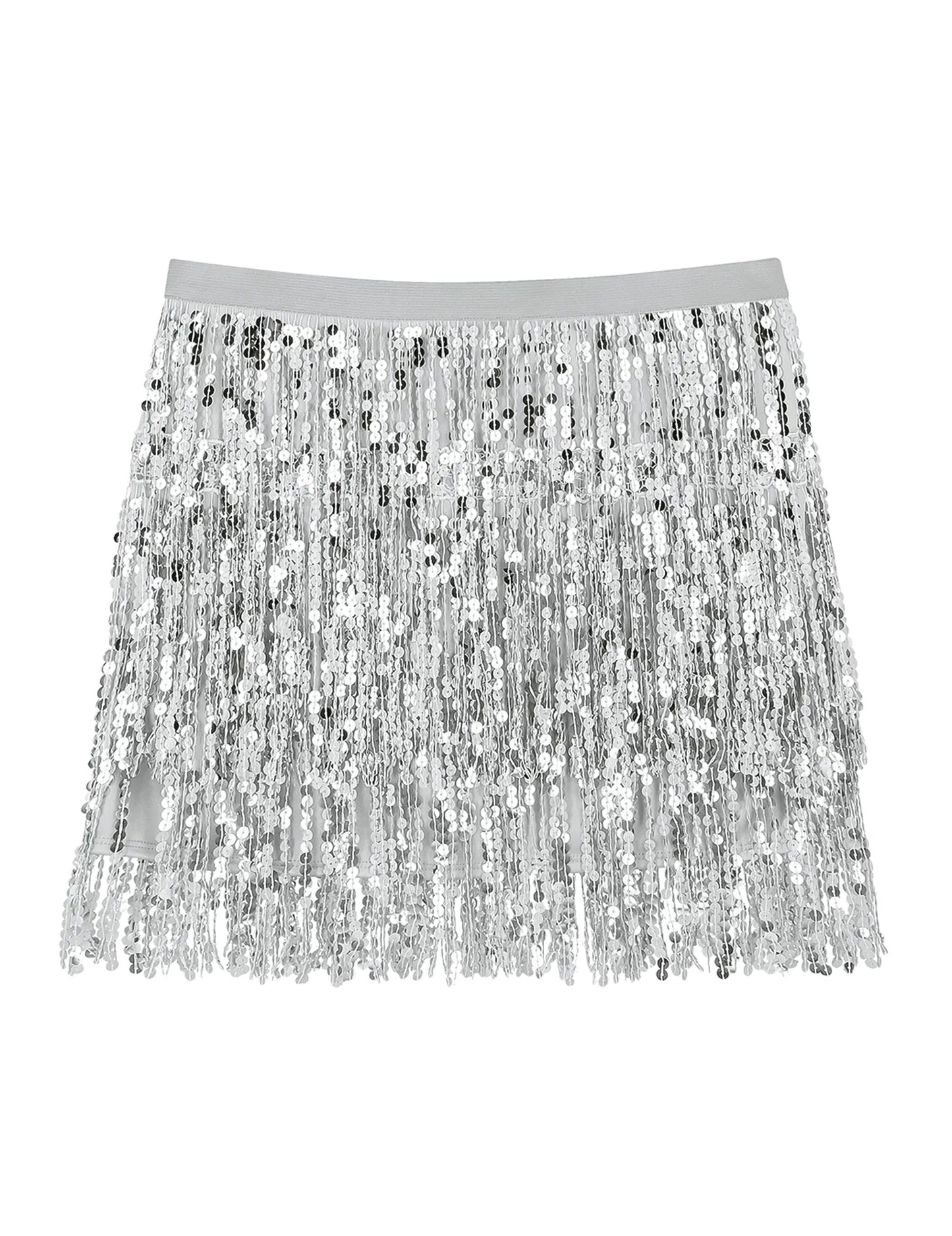 Vue de face de la minijupe à paillettes argentée pour femme à franges