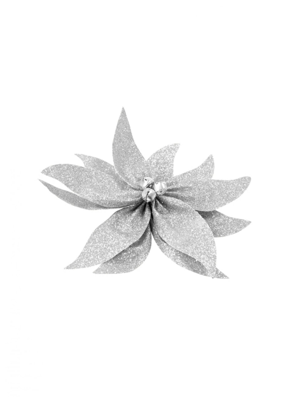 Fundă de poinsettia cu clopoței de crăciun pentru decor, sclipicioasă, argintie