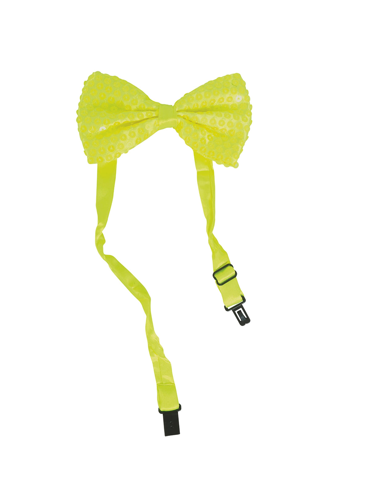 Détail du système d'attache du nœud papillon à sequins pour adulte jaune néon