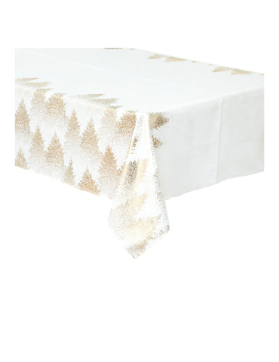 Nappe floquée sapins pour table de fête blanche et or