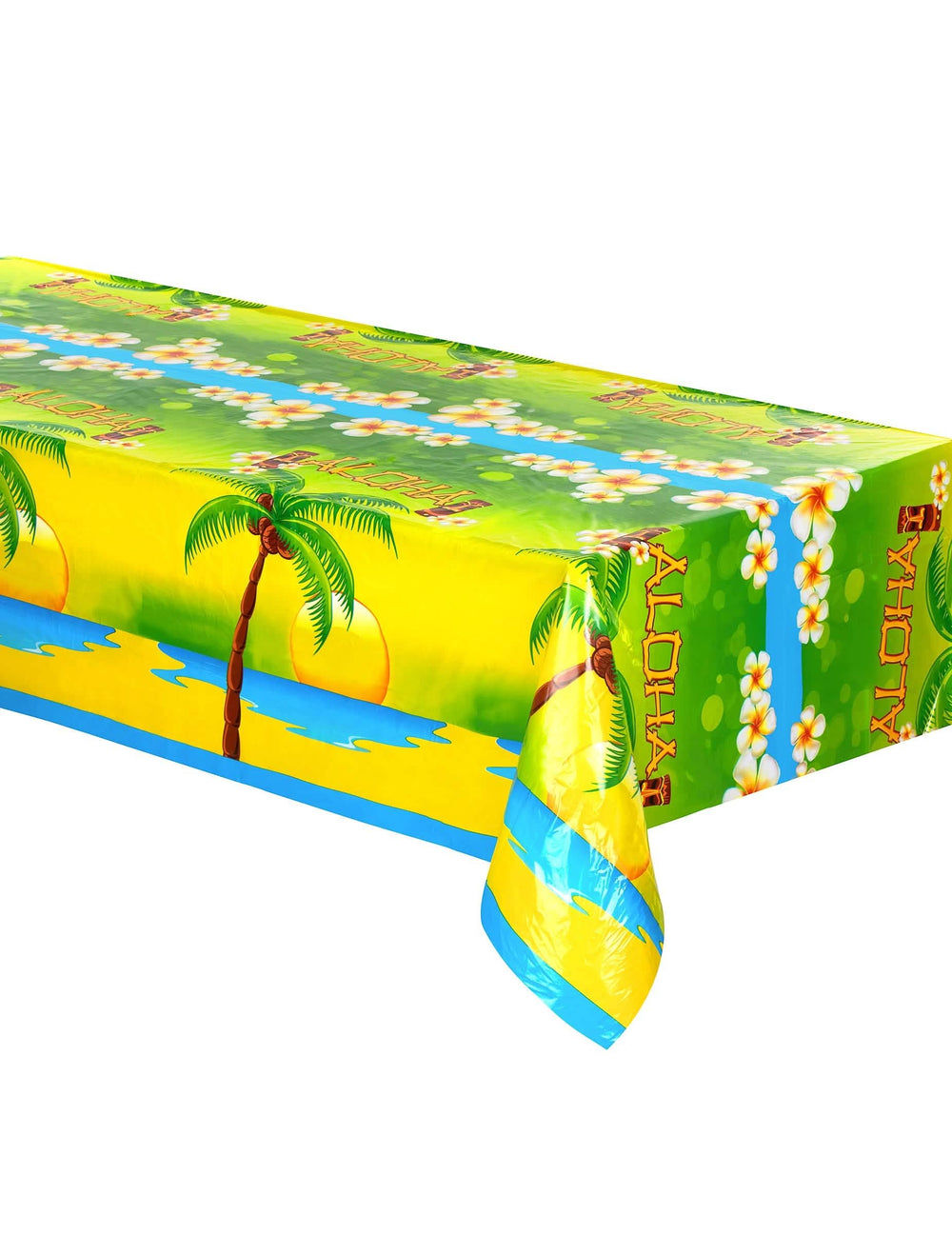 Față de masă din plastic Aloha galben verde și albastră cu motive de palmieri și flori