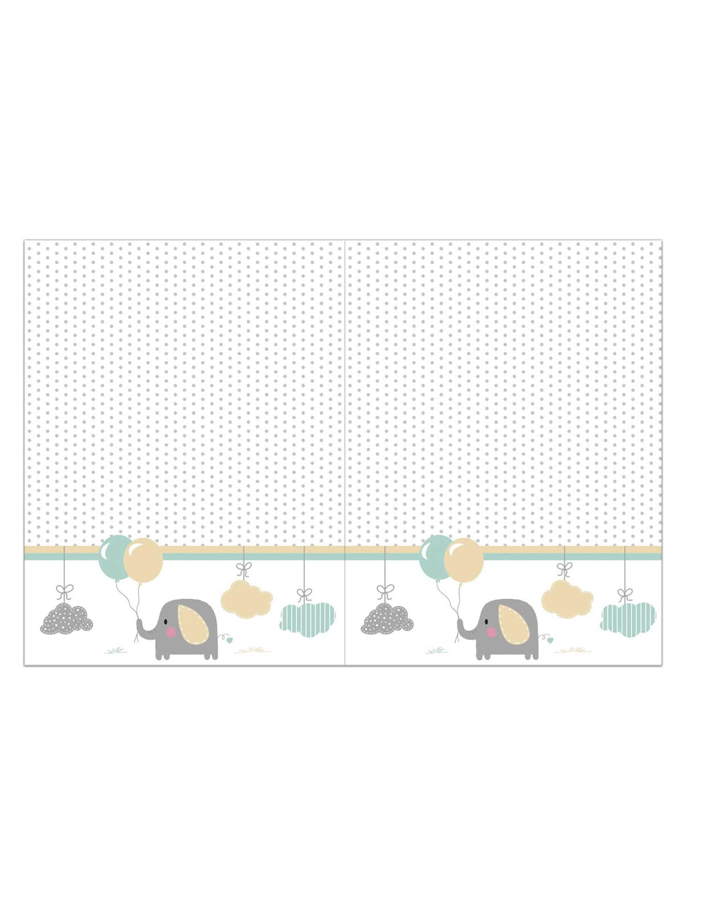 Față de masă din plastic cu bebeluș elefant pentru baby shower, albă cu buline gri și modele pastelate