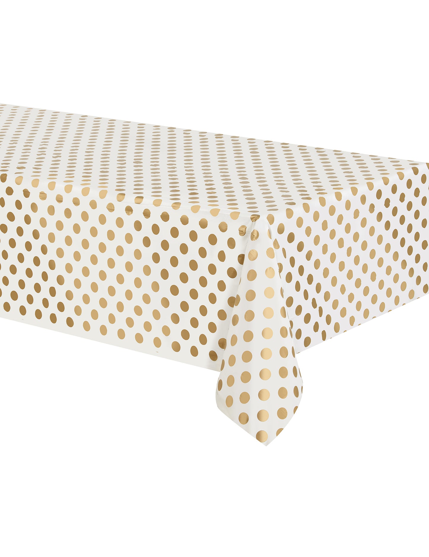 Față de masă albă din plastic cu buline aurii, 137 x 274 cm cm pentru petreceri și zile de naștere