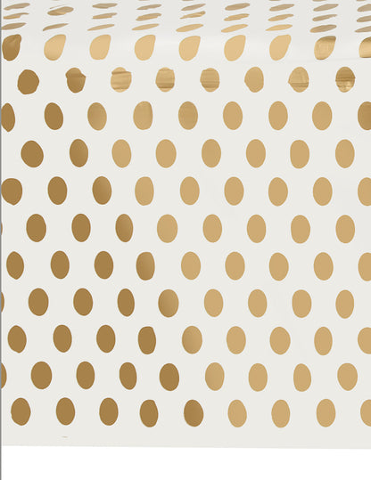 Față de masă albă din plastic cu buline aurii, 137 x 274 cm cm pentru petreceri și zile de naștere