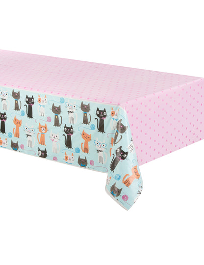 Față de masă din plastic cu model de pisici albastră și roz, 137 x 259 cm pentru ziua de naștere