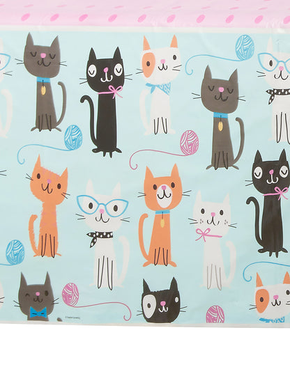 Față de masă din plastic cu model de pisici albastră și roz, 137 x 259 cm pentru ziua de naștere