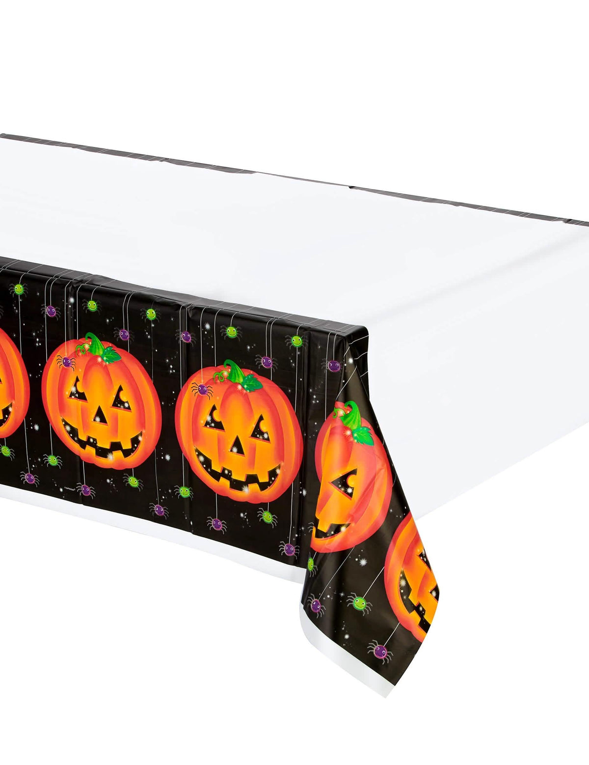Față de masă din plastic cu dovleac de halloween albă și neagră cu motive de dovleci portocalii