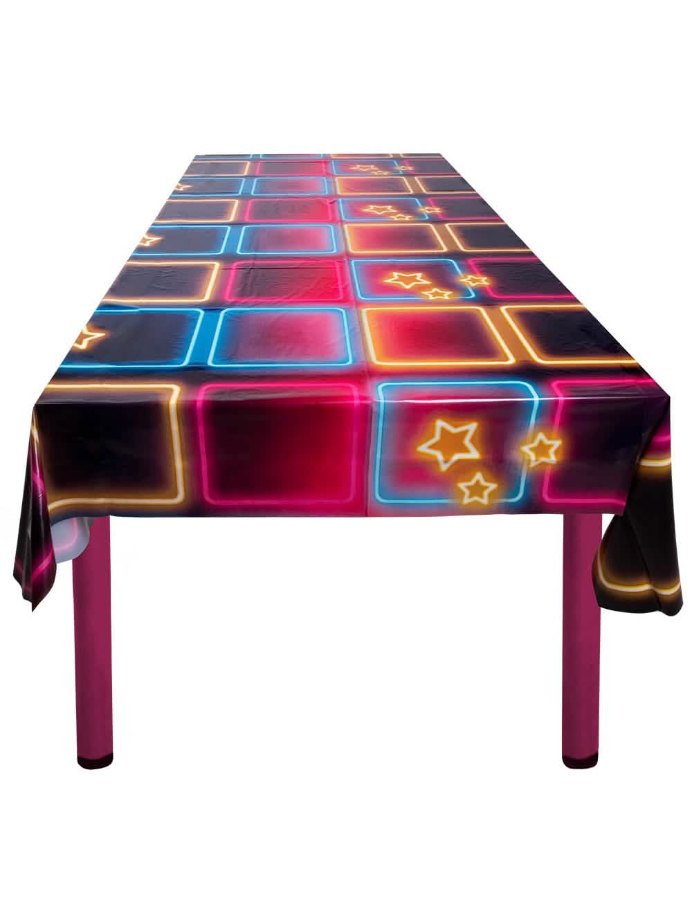 Față de masă din plastic Disco Fever pentru petrecere cu motive de neoane pătrate și stele multicolore