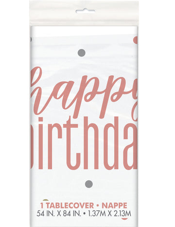 Față de masă din plastic albă și roz cu mesajul „La mulți ani”, 137 x 213 cm cm buline
