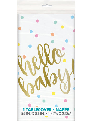 Față de masă din plastic Hello Baby, albă și aurie, 137 x 213 cm cm buline