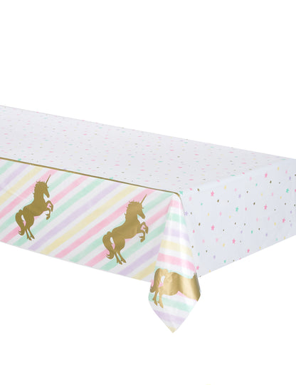Față de masă din plastic cu unicorn 137 x 259 cm stele pastelate și aurii