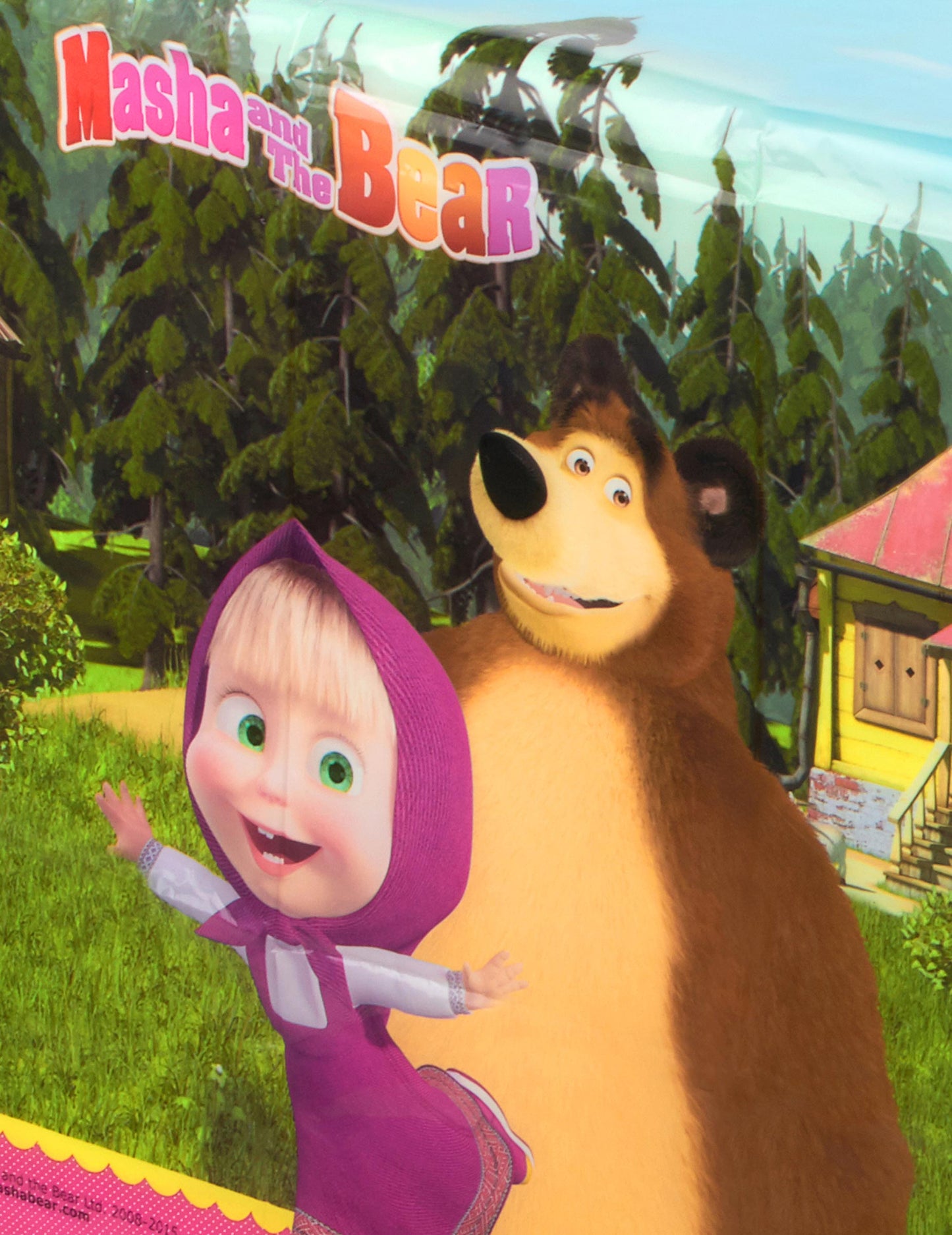 Gros plan sur les personnages de la nappe en plastique Masha et Michka