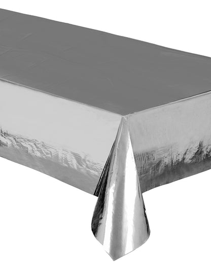Față de masă din plastic metalizat argintiu 137 x 274 cm impermeabil și reutilizabil