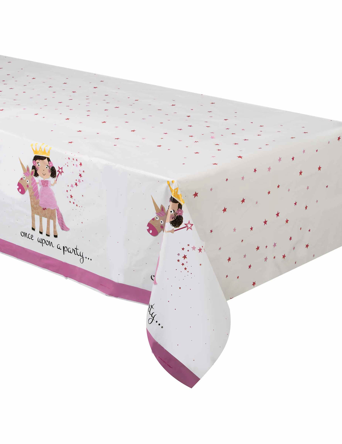 Față de masă din plastic cu prințesă și unicorni pentru aniversare, albă și roz, cu stele