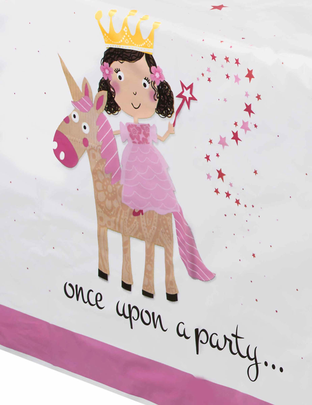 Detaliu al imprimeului cu prințesă și unicorni de pe fața de masă din plastic cu prințesă și unicorni pentru aniversare