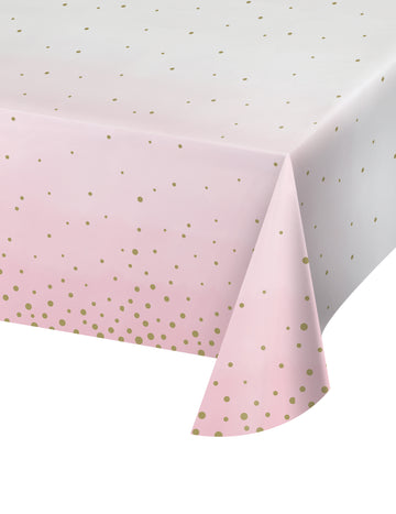 Față de masă din hârtie roz și albă cu buline aurii 137 x 259 cm pentru baby shower 