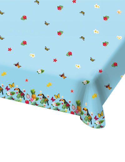 Nappe en plastique toucan thème tropical bleue