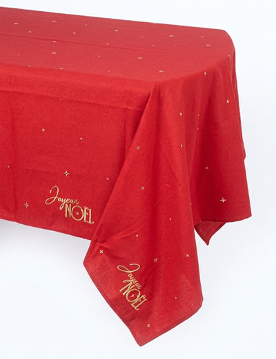 Față de masă din material textil Crăciun Fericit roșu și auriu 140 x 240 cm