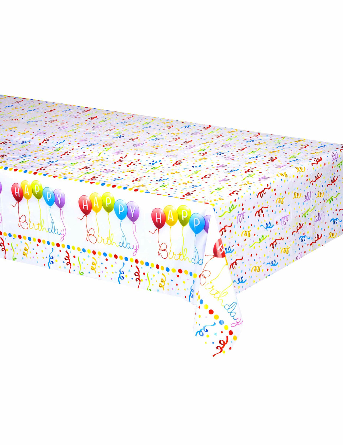 Față de masă din plastic Happy Birthday pentru aniversare albă cu motive confetti și baloane multicolore