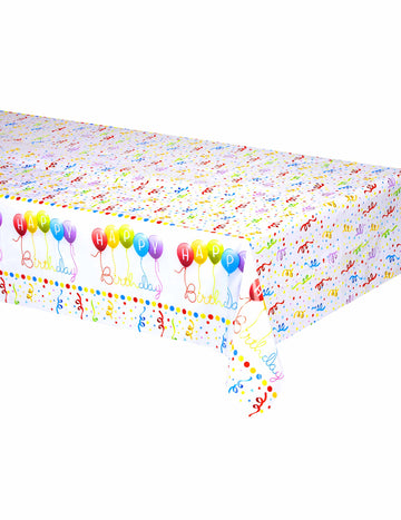 Față de masă din plastic happy birthday 120 x 180 cm cu confetti și baloane 