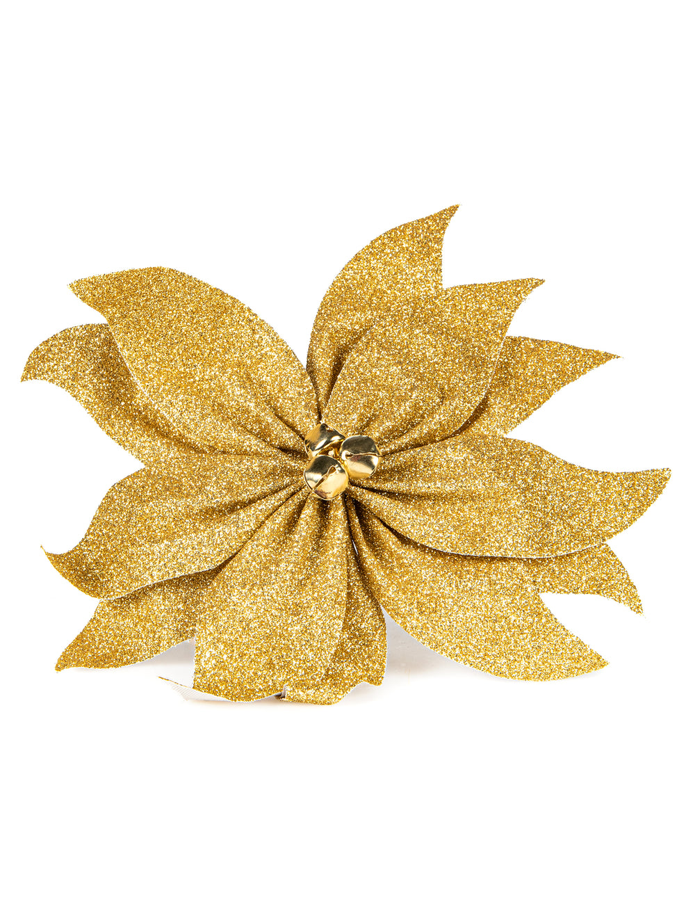 Nœud de poinsettia avec grelots pour table pailleté doré