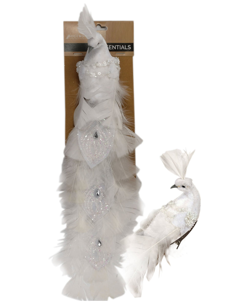 Oiseau sur pince pour décoration blanc en plumes et paillettes