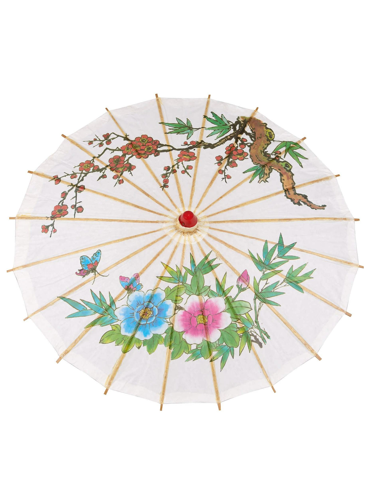 Vedere de sus a umbrelei chinezești albe cu motive de flori și fluturi