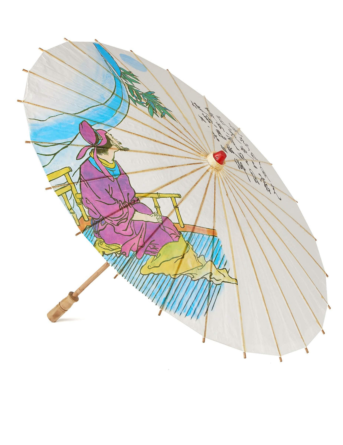 Umbrelă chinezească albă pentru adult cu ilustrație tradițională și caligrafie