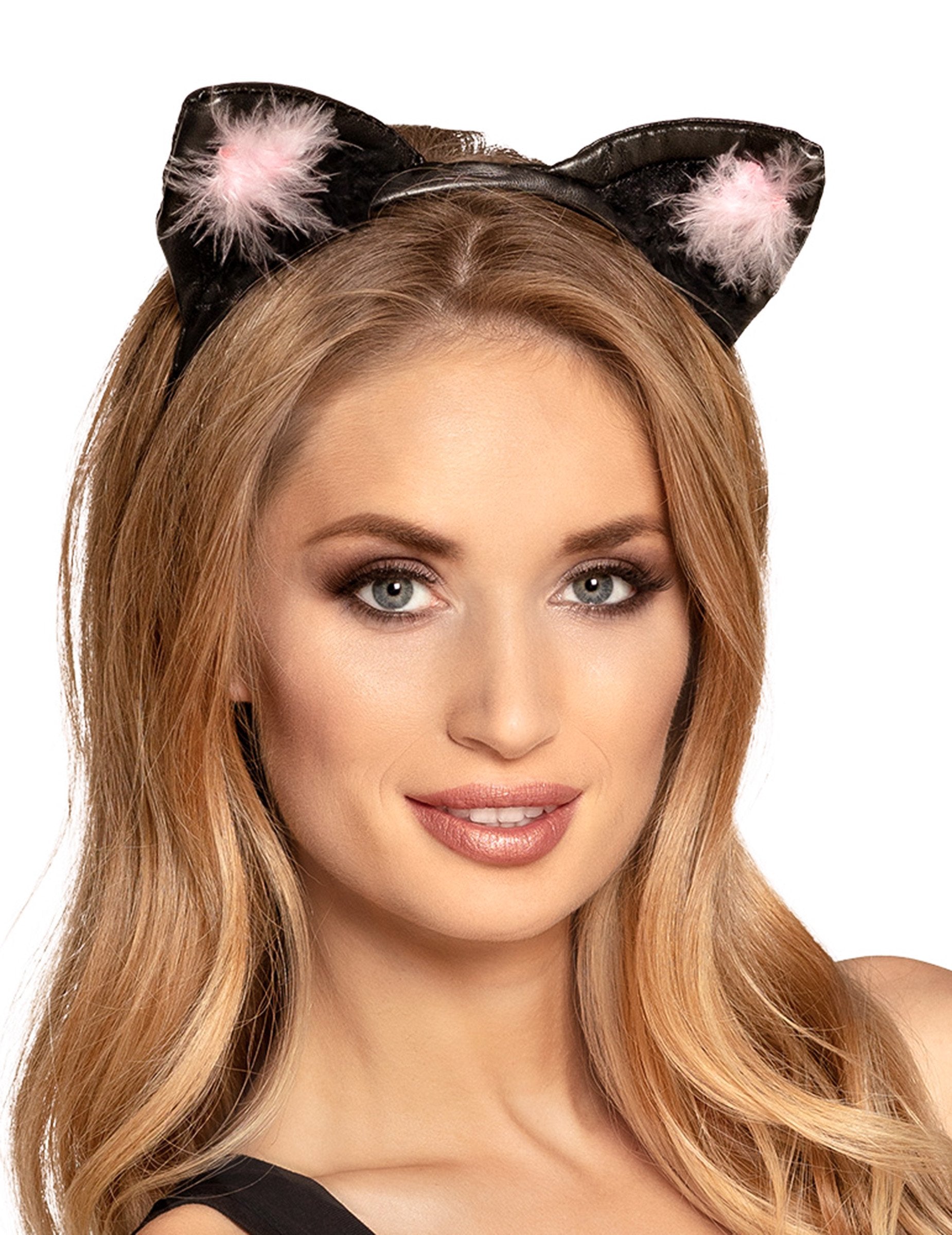 Urechi de pisică pentru femei negre și roz cu pene