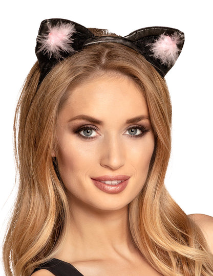 Urechi de pisică pentru femei negre și roz cu pene