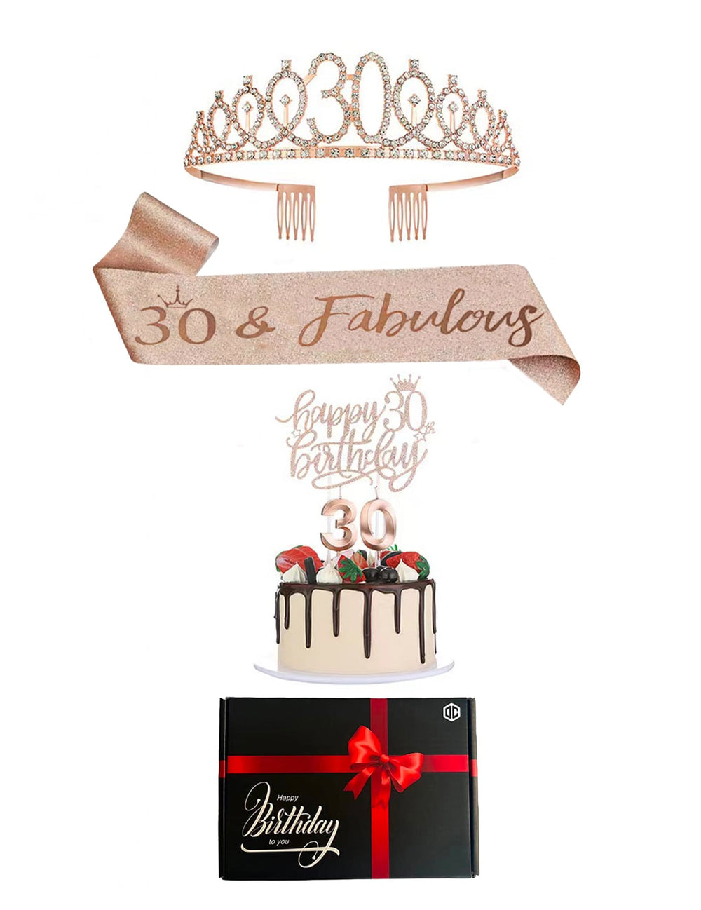 Pack d'accessoires anniversaire 30 ans pour femme or rose avec diadème et écharpe