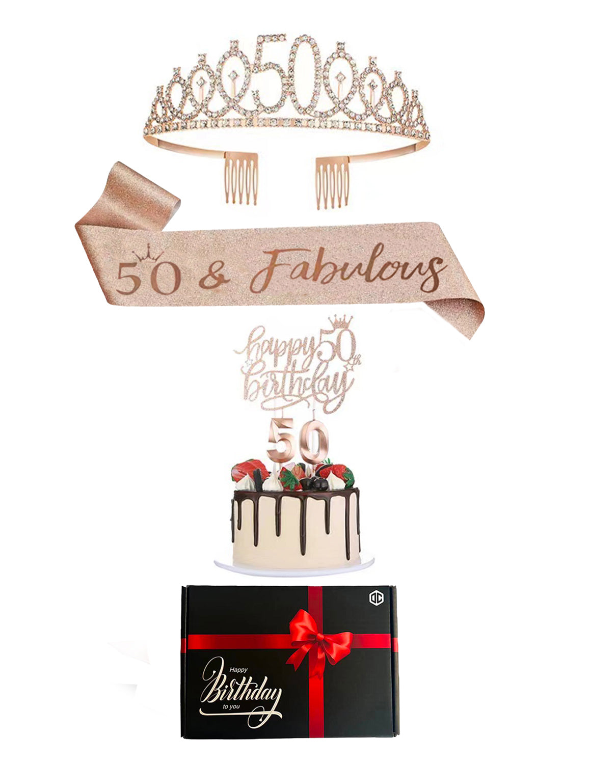 Pack d'accessoires anniversaire 50 ans pour femme or rose avec diadème et écharpe