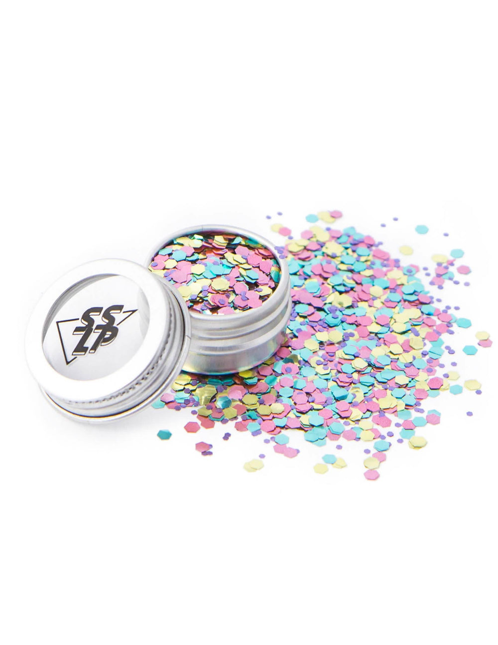Pot ouvert et grains des paillettes biodégradables Bang Bang