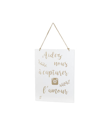 Pancarte en bois aidez nous à capturer l'amour pour mariage blanc et doré