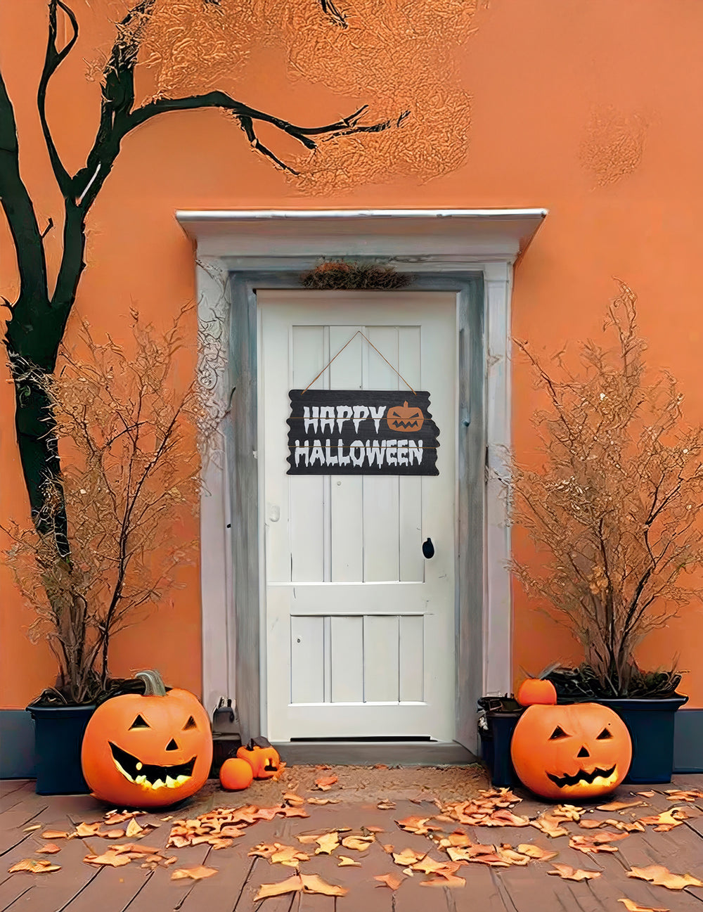 Pancarte en bois Happy Halloween pour décoration noire et blanche avec citrouille orange