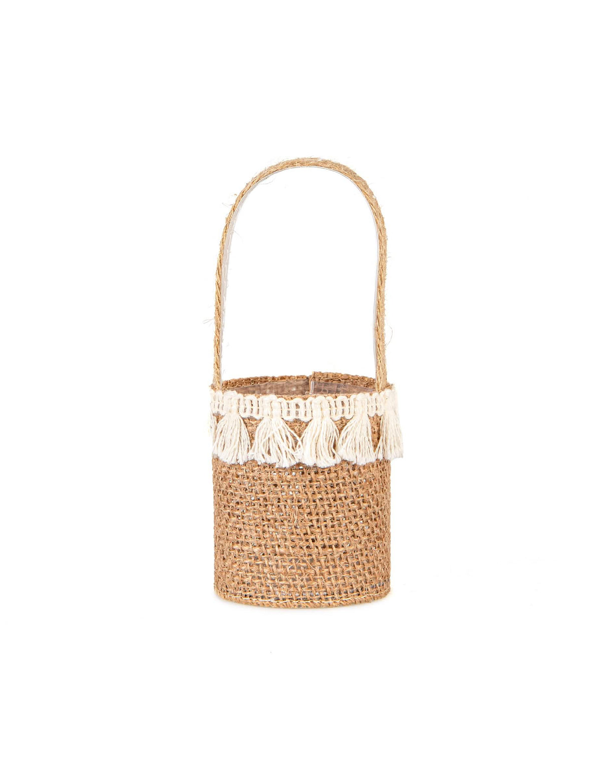 Coș din pânză de iută rustic pentru decor cu pampoane albe