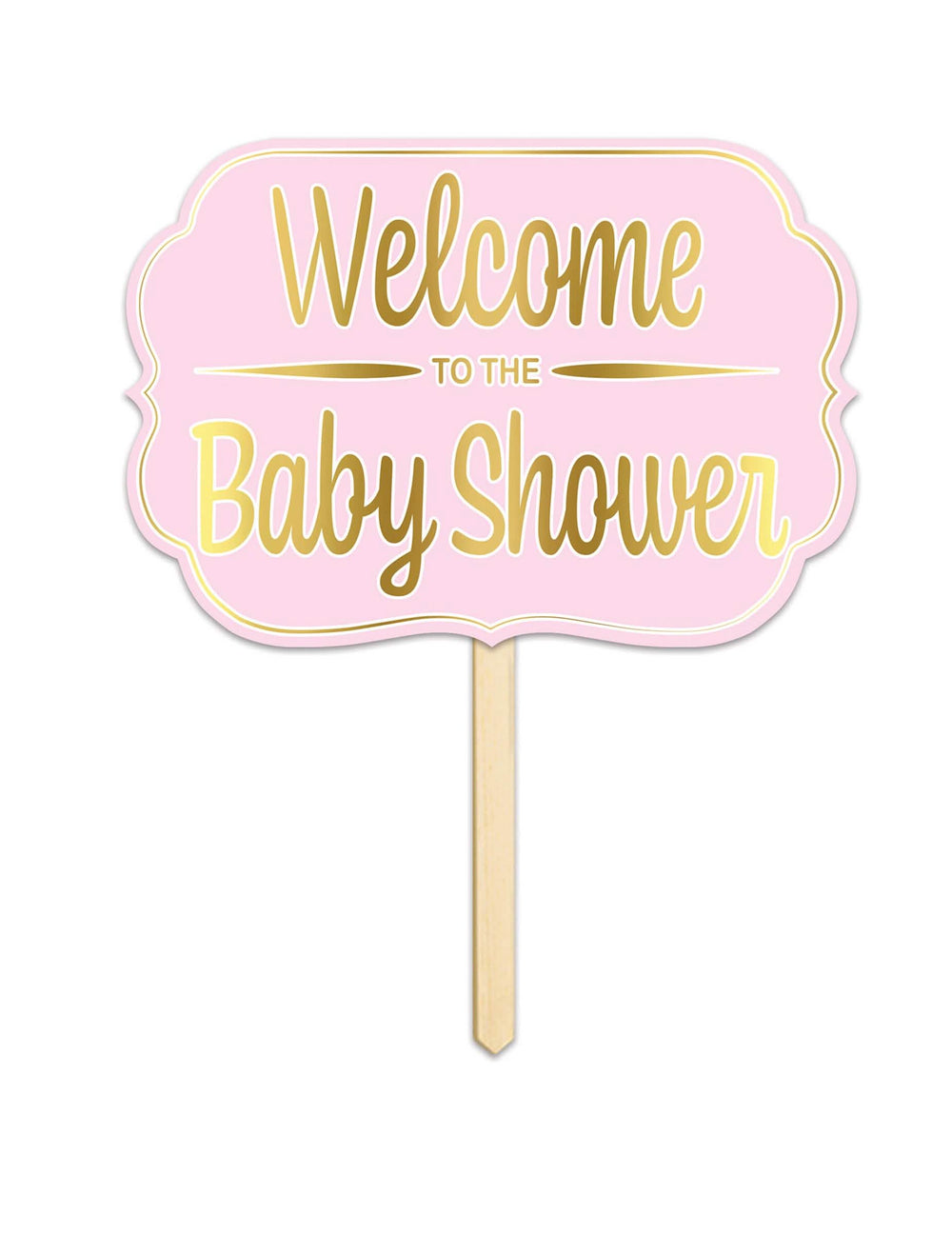 Panou din carton Welcome to the baby shower pentru petrecere roz și auriu cu tije din lemn