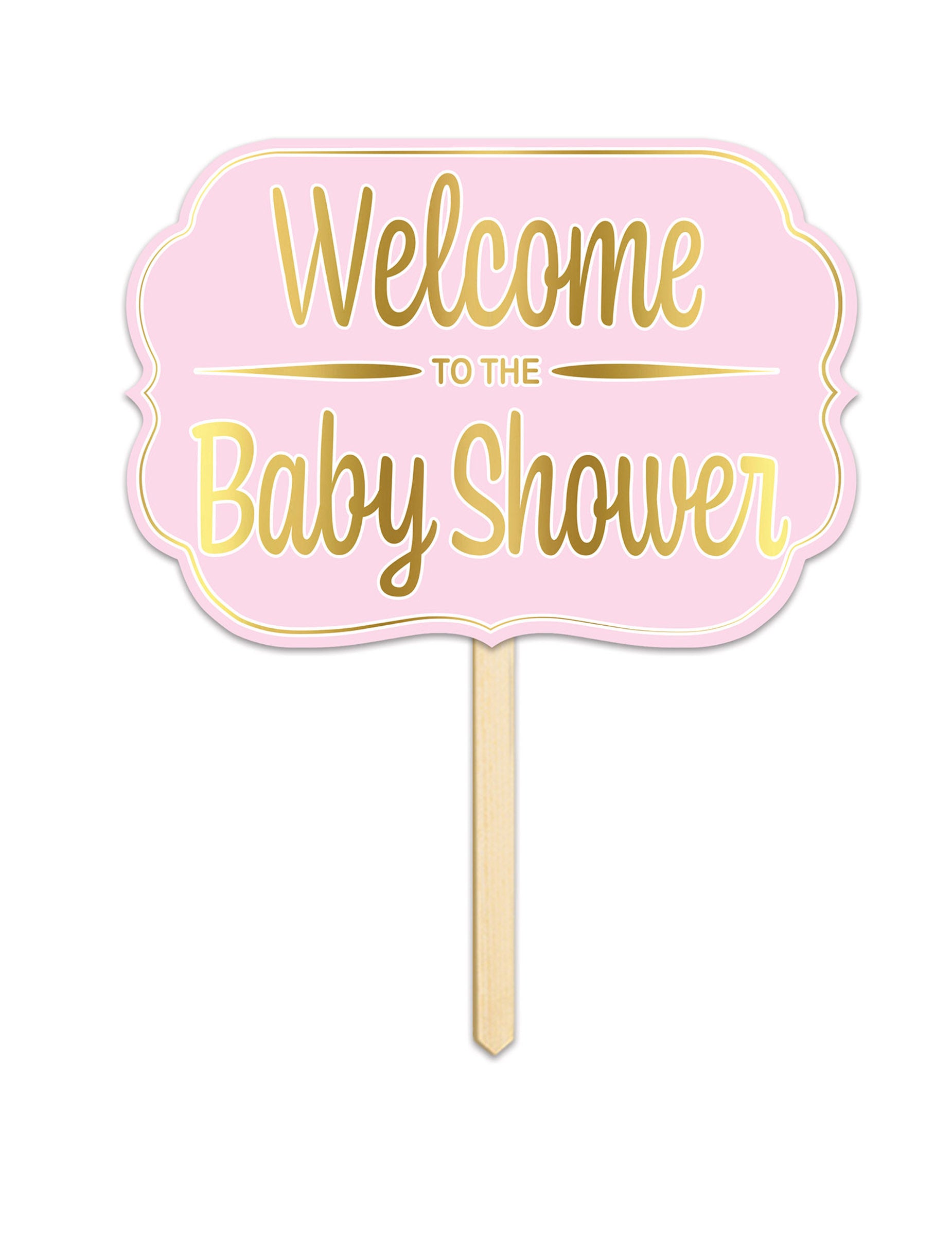 Panneau en carton Welcome to the baby shower pour fête rose et doré avec tige en bois